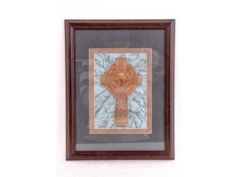 Signed Framed Copper Celtic Claddagh Cross