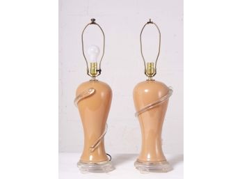 Pair Of Swirl Art Glass Lamps