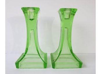 Vintage Pair Of Green Depression Glass Candle Holders