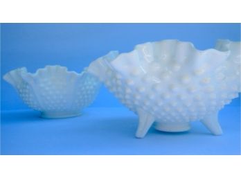 Pair Of Fenton Hobnail Milk Glass Candy Bowls