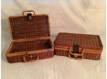 352, Pair Of Matching Wicker Baskets With Leather Closures