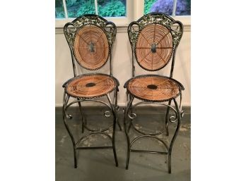 387, Pr Counter Height Stools, Green Ivy And Wicker
