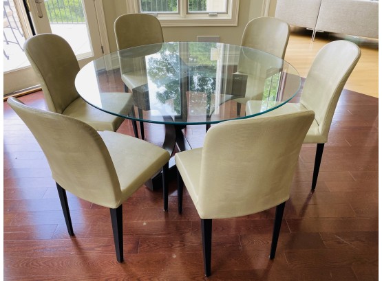 Elegant Round Beveled Glass Dining Table With Pedestal Base And Comfortable Seating For 6