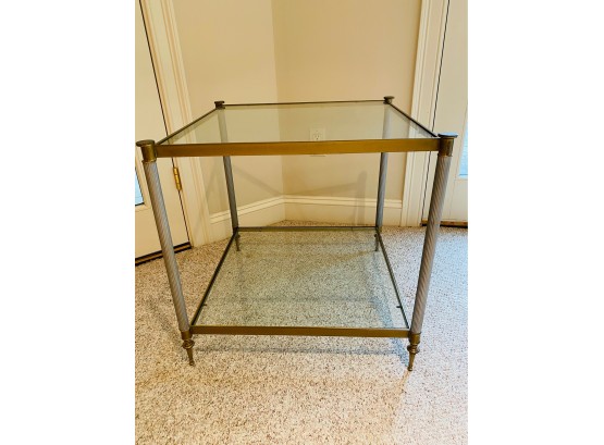 Mid-century Glass Side Table With Brass Trim And Chrome Finish Fluted Legs