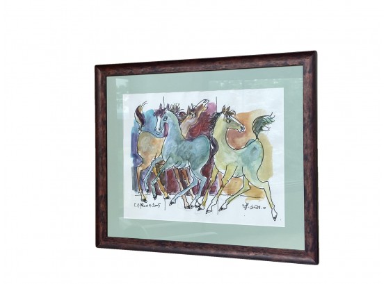 Whimsical Horses Watercolor By Catriel Ephrony Signed