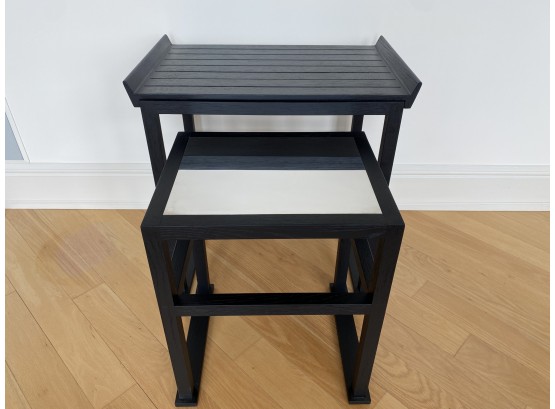Black Nesting Tables With Mirrored Glass Inlay And Removable Slatted Tray Top