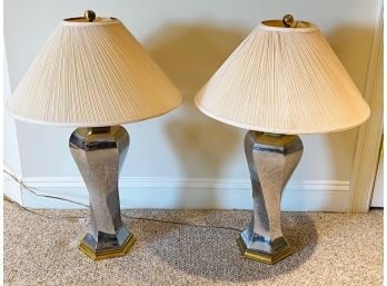 Pair Of Twisted Chrome Finish Accent Lamps With Pleated Ruched Shade And Brass Accents