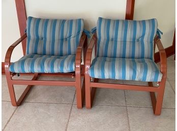 Brick Color Metal Outdoor Occasional Chairs With Striped Button Tufted Cushions