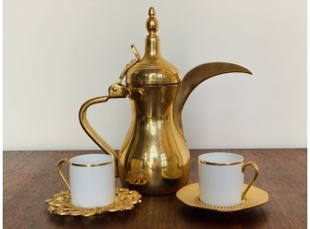 Gorgeous Gold Gilt Stainless Coffee Server And 2 Oz Demitasse Cups With Decorative Gold Saucers