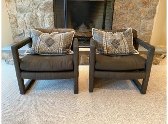 Pair Of Cushioned Barrel Back Fabric Chairs With Accent Pillows