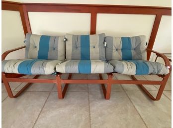 Brick Color Metal Outdoor Sofa With Striped Button Tufted Cushions