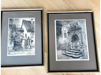 2 Vintage Black And White Framed Etching's 'an Old Doorway', 'in Old Quebec'