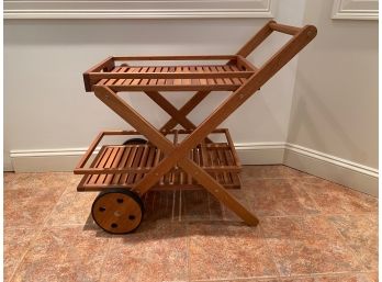 Slatted Teak Tiered Rolling Cart With Removable Tray