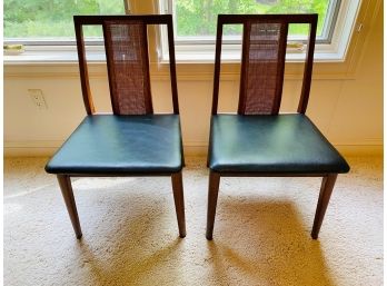 Pair Of Mid-century Occasional Chairs With Cane Webbing Backrest And Faux Leather Upholstered Seat