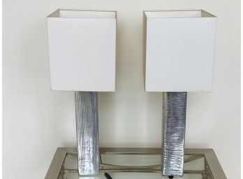 Pair Of Textured Silver Tone Metal Accent Lamps With White Square Shade