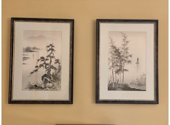 Pair Of Oriental Motif Inspired Framed Black And White Art Prints