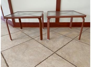 Pair Of Brick Color Metal And Tempered Glass Top Outdoor Side Tables