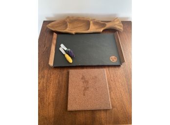 Carved Fish Sectioned Bowl, Slate Cheese Board And Ceramic Trivet For Kitchen / Dining / Entertaining