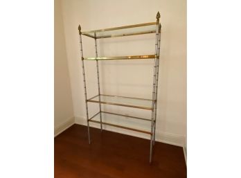Chrome And Brass Tiered Glass Display Shelving Unit With Decorative Finials
