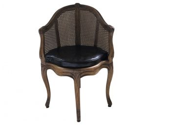 French Provincial Barrel Back Cane Chair With Cabriole Legs And Upholstered Leather Seat