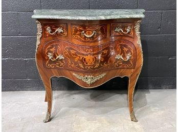 A Vintage Italian Export Marble Top Commode With Inlaid Marquetry And Ormolu Details