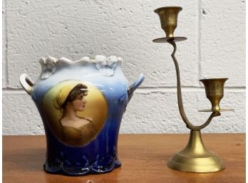 Antique Bavarian Ceramic Vase And Brass Candleholder