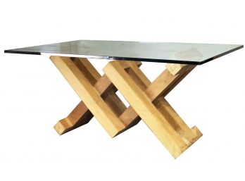 A Fabulous Modern Oak Glass Top Console Or Dining Table