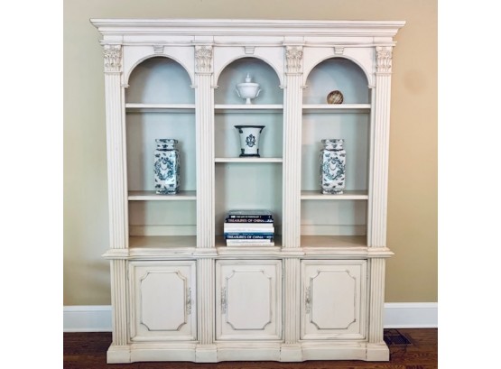 French Country Ivory Cabinet Shelf Unit W/ Interior Lighting (in 2 Pieces)(LOC:F1)