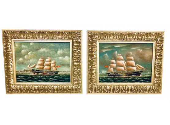 Delight Of The Seas / PAIR Browner Galleries Decorative Oil Paintings On Panel In Carved Gilt Frames (LOC: F1)