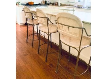 Set 3 Caned Counter Stools In Blond Wood With Metal Scroll Arms And Base(LOC:F1)