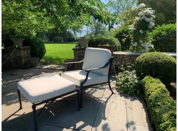 Pair Of Outdoor Patio Club Chairs & Ottomans W/ White Cushions (LOC:F2)