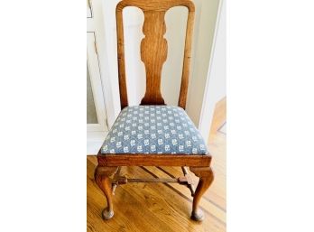 Four High Back French Country Style Oak Chairs With Blue And Ivory Patterned Cotton Upholstery(LOC:F2)