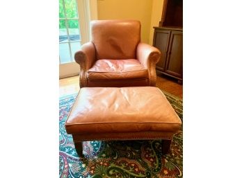 Old Hickory Tannery Leather Club Chair And Ottoman With Hob Nail Detailing On Arms And Base Borders(LOC:F1)