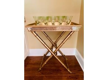Bamboo Style Gold Serving Tray Stand W/ Mirrored Detailing & Set Of 16 Lime Cocktail Glasses (LOC:F1)