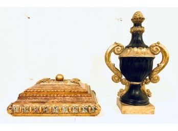 Carved Style Large Gilt Velvet Lined Storage Box And Decorative Urn(LOC:F1)