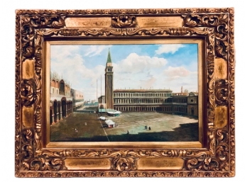 Italian Piazza / LARGE Decorative Oil Painting On Canvas In Wide Baroque Style Gilt Frame (LOC:F1)
