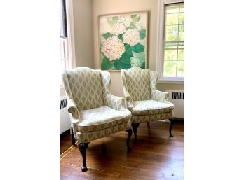 Pair Ikat Patterned Ivory & Celadon Wing Chairs (LOC:F2)