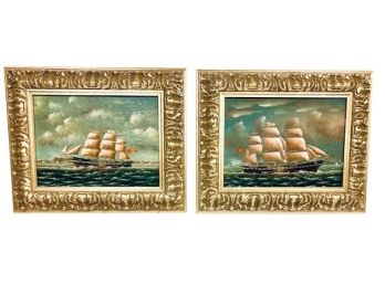 Delight Of The Seas / PAIR Browner Galleries Decorative Oil Paintings On Panel In Carved Gilt Frames (LOC: F1)