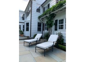 Pair Of Outdoor Patio Chaise Lounge Chairs  W/ White Cushions  (LOC: F2)