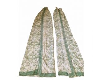 Two Pairs French Country Custom Lined CTN Celadon Print Curtain Panels(LOC:F2)