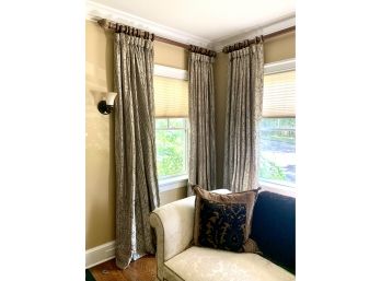 Two Pairs Scalamandre Silk Lined Black Ivory Stripe Curtain Panels And Wood Rods (LOC:F1)