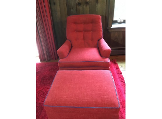 Red Tweed Rocker Chair & Ottoman, Blue Leather Welting