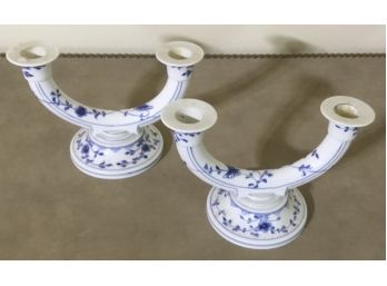 B & G Pair Of  Blue & White Porcelain Candlesticks