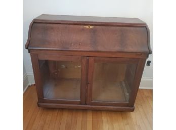 Antique Slant Front Desk With Bird's Eye Maple Cubbies &  Large Glass Cabinet Storage Space Below