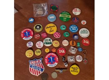 Vintage Lot Of 45 Pieces: Pinbacks, Coins, Keychains