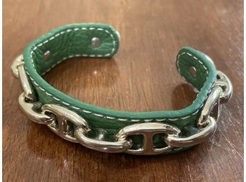 Fine Jewelry Green Leather Hermes Metal Link Bracelet Bangle