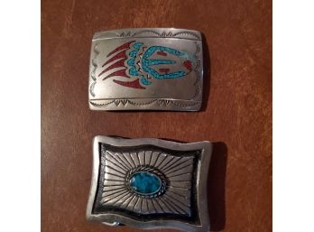 Two Lovely Silver- Toned Metal Belt Buckles With Turquoise Decor