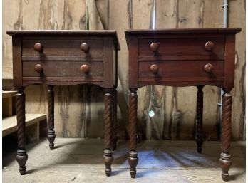 Two Lovely Cherry End Tables Nigh Stands With Turned Legs And Drawers