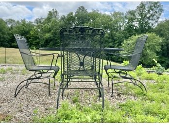 Sturdy Metal Patio Furniture Set -table And Four Chairs With Stylish Legs & Flower Decorations