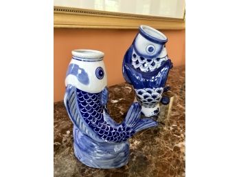 Pair Of Koi Fish Vases China Blue